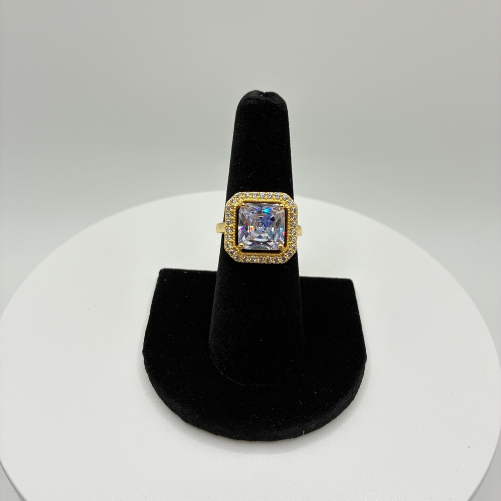 Women Adjustable Ring Size 7 Gold Square Halo Cubic Zirconia Cocktail